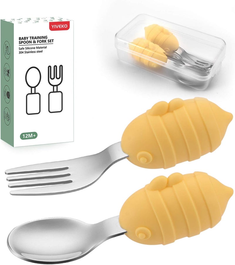 YIVEKO Baby Fork and Spoon Set with Carry Case Baby Training Utensils Self Feeding Toddler Silverware Silicone and Stainless Steel Kids and Toddler Utensil Set-Bees - Image 1
